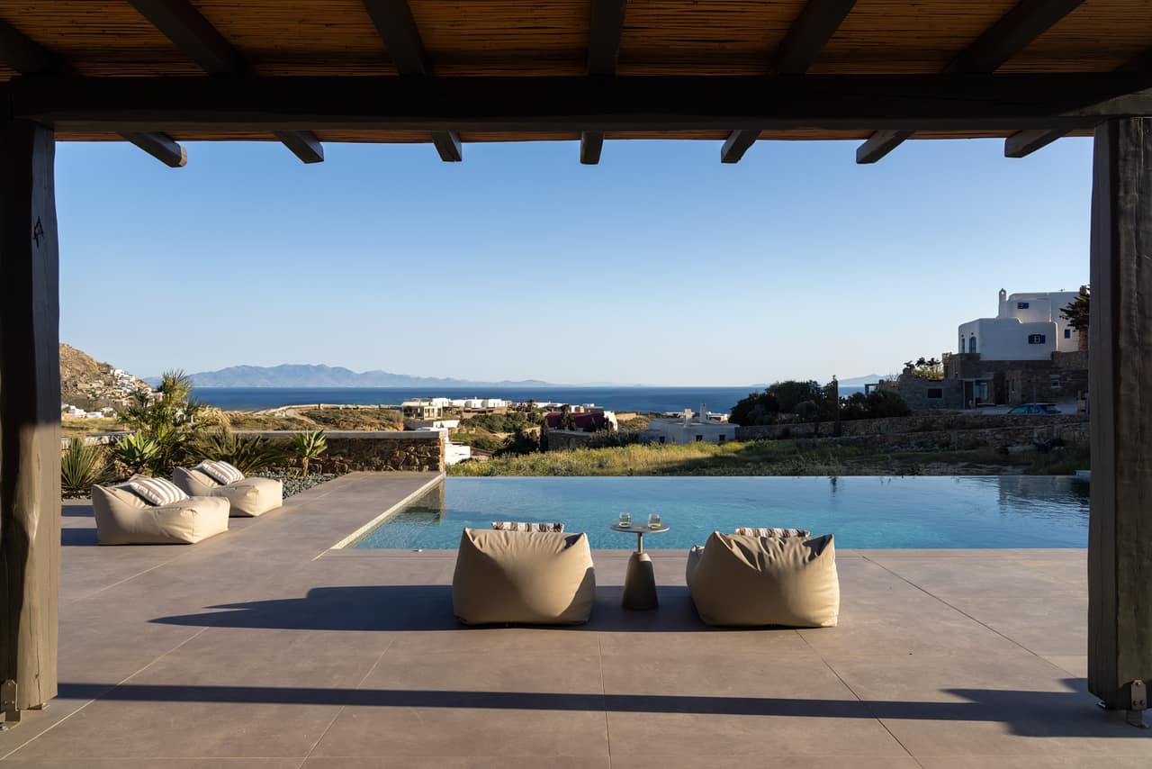 The sea and the hills of Elia framed by the dining pergola